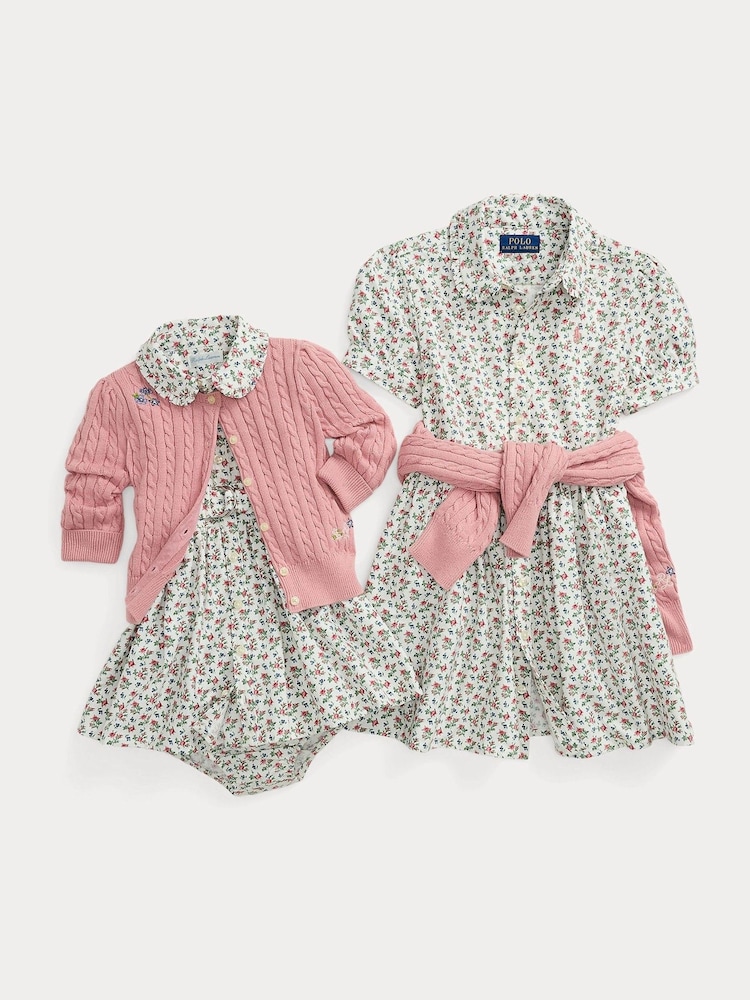 Polo Ralph Lauren Girl Pink Floral Detail Cable Knit 100% Cotton Cardigan - Image 3 of 3 Polo Ralph Lauren Girl Pink Floral Detail Cable Knit 100% Cotton Cardigan - Image 3 of 3