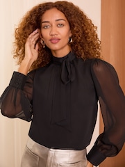 Love & Roses Black Pintuck Pussybow Blouse - Image 1 of 8