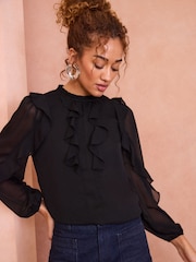 Love & Roses Black Ruffle Crew Neck Long Sleeve Blouse - Image 1 of 4