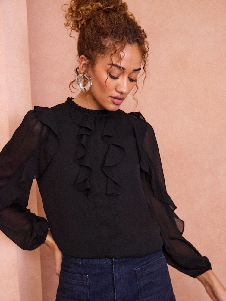 Love & Roses Black Ruffle Crew Neck Long Sleeve Blouse - Image 1 of 4