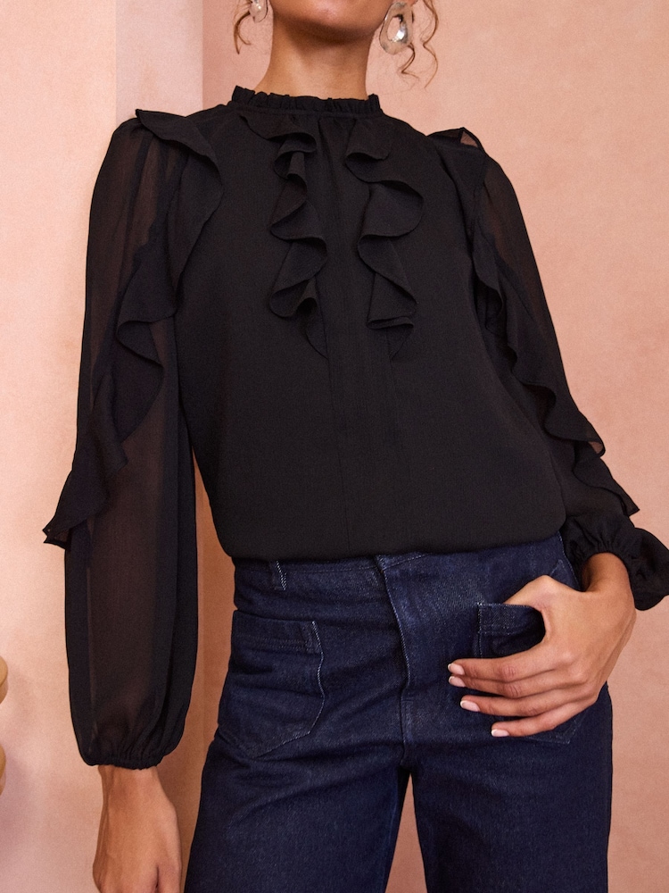 Love & Roses Black Ruffle Crew Neck Long Sleeve Blouse - Image 2 of 4