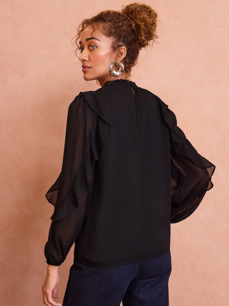 Love & Roses Black Ruffle Crew Neck Long Sleeve Blouse - Image 4 of 4