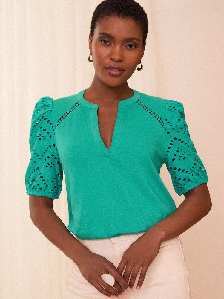 Love & Roses Green Broderie Shortss Sleeve V Neck Jersey Top - Image 1 of 4