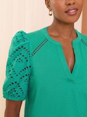 Love & Roses Green Broderie Shortss Sleeve V Neck Jersey Top - Image 2 of 4