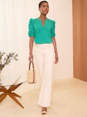 Love & Roses Green Broderie Shortss Sleeve V Neck Jersey Top - Image 3 of 4
