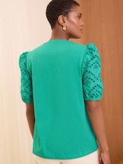 Love & Roses Green Broderie Shortss Sleeve V Neck Jersey Top - Image 4 of 4