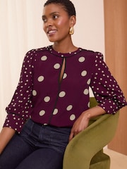 Love & Roses Red Polka Dot Animal Tipped Crew Neck Long Sleeve Blouse - Image 1 of 4
