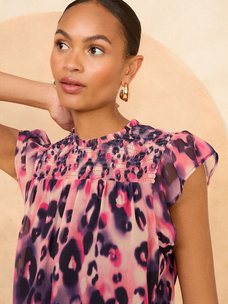 Love & Roses Pink Animal Printed Shirred Yoke Shell Top - Image 2 of 4 Love & Roses Pink Animal Printed Shirred Yoke Shell Top - Image 2 of 4