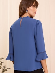 Love & Roses Blue Scallop Pintuck Flute Sleeve Blouse - Image 3 of 4