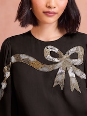 Love & Roses Black Sequin Bow Design Short Sleeve Blouse - Image 2 of 4
