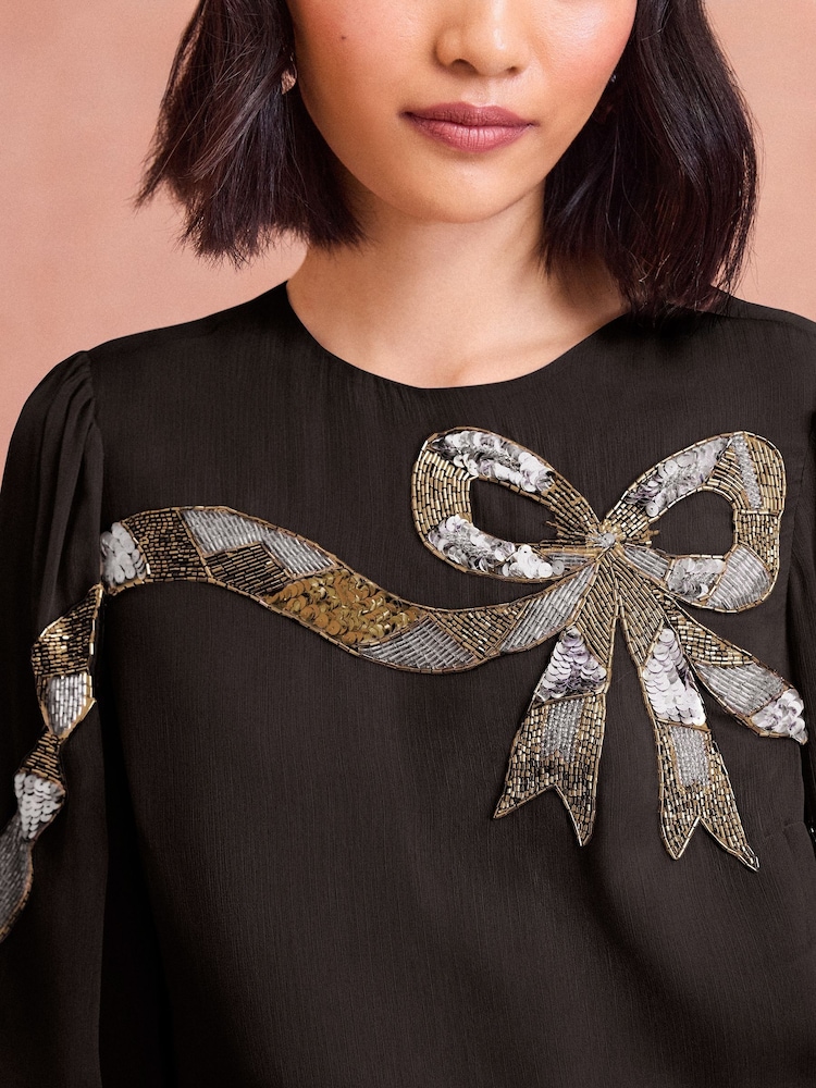 Love & Roses Black Sequin Bow Design Short Sleeve Blouse - Image 2 of 4
