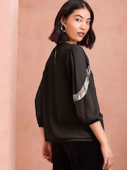 Love & Roses Black Sequin Bow Design Short Sleeve Blouse - Image 4 of 4