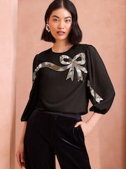 Love & Roses Black Petite Sequin Bow Design Short Sleeve Blouse - Image 1 of 4
