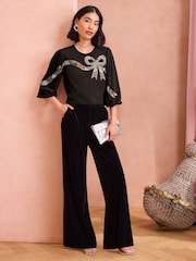 Love & Roses Black Petite Sequin Bow Design Short Sleeve Blouse - Image 3 of 4