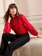 Love & Roses Red Petite Ruffle Crew Neck Long Sleeve Blouse - Image 2 of 4