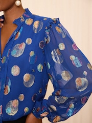 Love & Roses Blue Ruffle Sheer Tie Neck Long Sleeve Blouse - Image 2 of 4