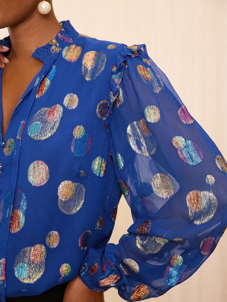 Love & Roses Blue Ruffle Sheer Tie Neck Long Sleeve Blouse - Image 2 of 4