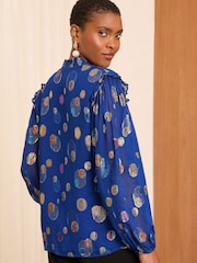 Love & Roses Blue Ruffle Sheer Tie Neck Long Sleeve Blouse - Image 3 of 4