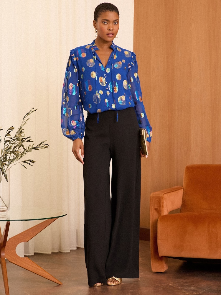 Love & Roses Blue Ruffle Sheer Tie Neck Long Sleeve Blouse - Image 4 of 4