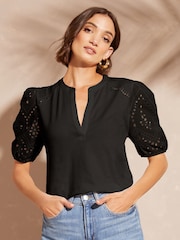 Love & Roses Black Broderie Shortss Sleeve V Neck Jersey Top - Image 1 of 4