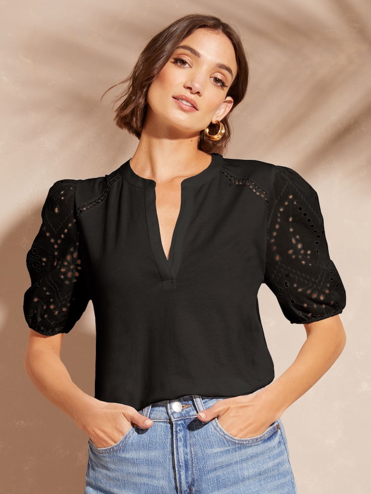 Love & Roses Black Broderie Shortss Sleeve V Neck Jersey Top - Image 1 of 4