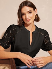 Love & Roses Black Broderie Shortss Sleeve V Neck Jersey Top - Image 2 of 4