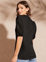 Love & Roses Black Broderie Shortss Sleeve V Neck Jersey Top - Image 3 of 4