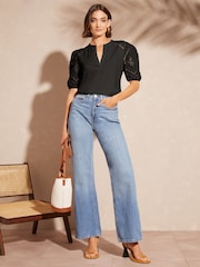 Love & Roses Black Broderie Shortss Sleeve V Neck Jersey Top - Image 4 of 4