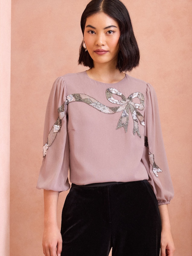 Love & Roses Pink Sequin Bow Design Short Sleeve Blouse - Image 1 of 4