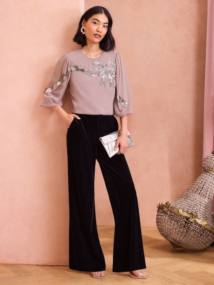 Love & Roses Pink Sequin Bow Design Short Sleeve Blouse - Image 2 of 4