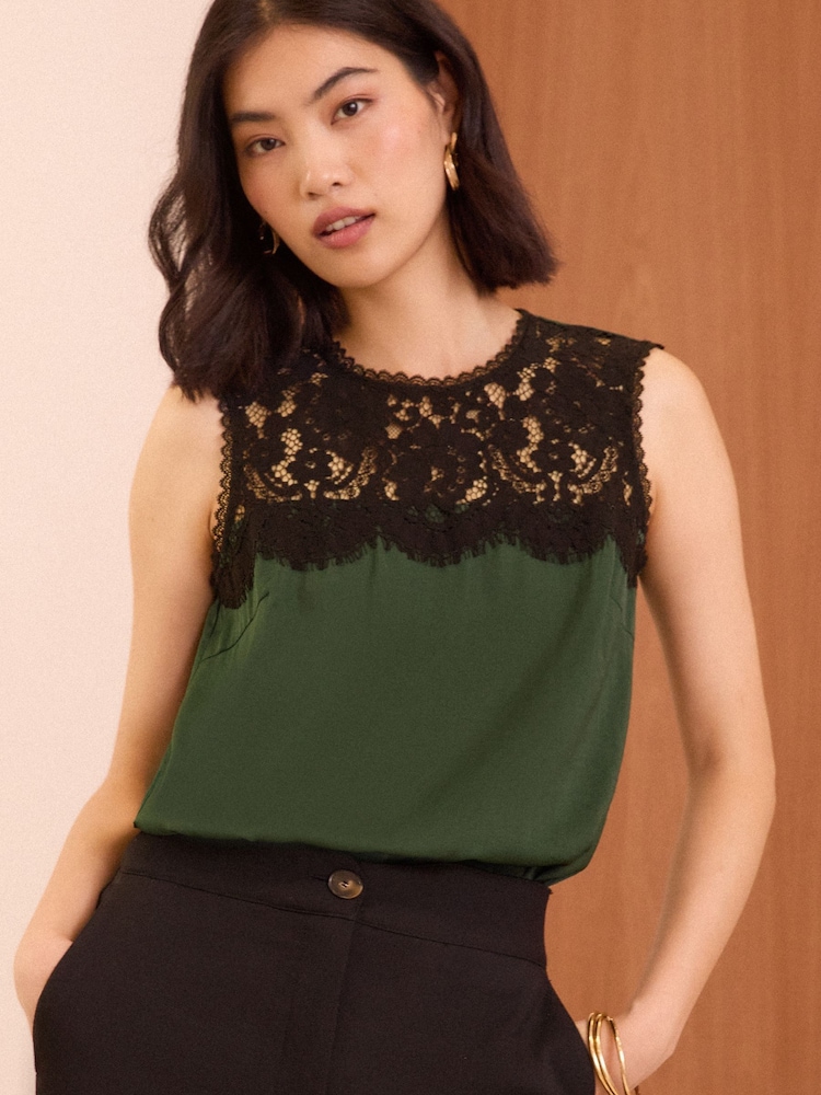 Love & Roses Green Lace Yoke Satin Shell Top - Image 1 of 4