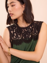 Love & Roses Green Lace Yoke Satin Shell Top - Image 2 of 4