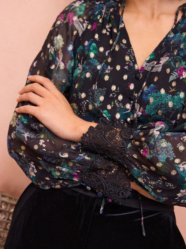 Love & Roses Black Scenic V Neck Metallic Lace Cuff Long Sleeve Blouse - Image 2 of 4