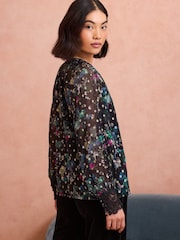 Love & Roses Black Scenic V Neck Metallic Lace Cuff Long Sleeve Blouse - Image 4 of 4