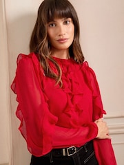 Love & Roses Red Ruffle Crew Neck Long Sleeve Blouse - Image 1 of 4