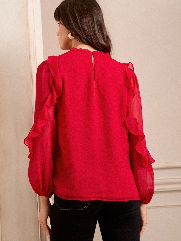 Love & Roses Red Ruffle Crew Neck Long Sleeve Blouse - Image 4 of 4