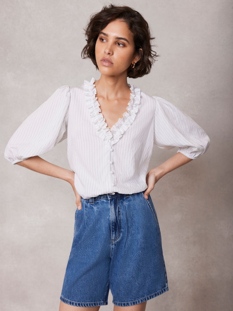 Mint Velvet White Striped Ruffle Top - Image 1 of 9