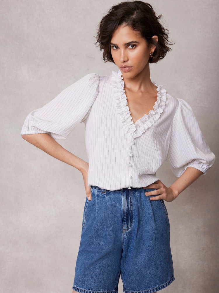 Mint Velvet White Striped Ruffle Top - Image 2 of 9