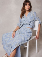 Mint Velvet Blue Broderie Puff Sleeve Top - Image 2 of 4