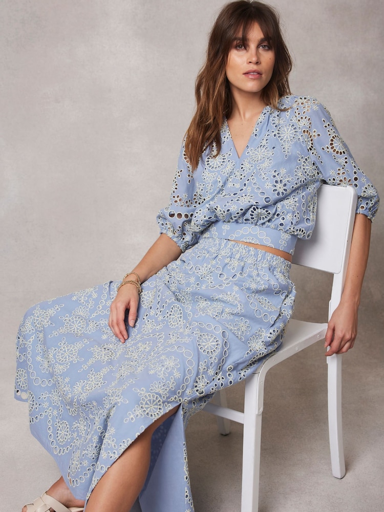 Mint Velvet Blue Broderie Puff Sleeve Top - Image 2 of 4 Mint Velvet Blue Broderie Puff Sleeve Top - Image 2 of 4