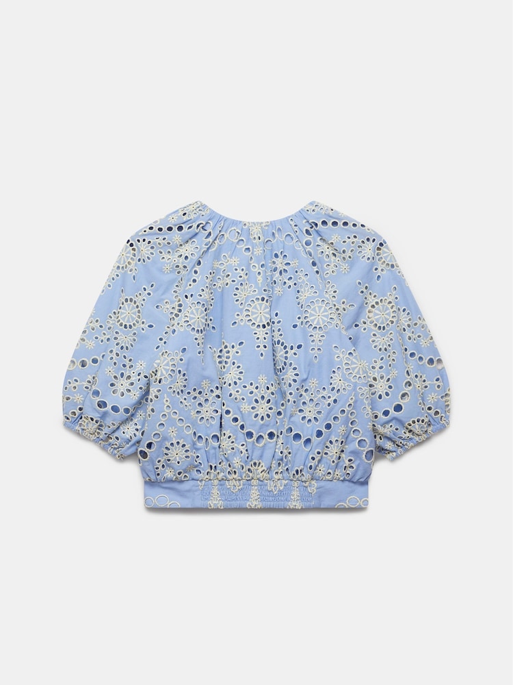 Mint Velvet Blue Broderie Puff Sleeve Top - Image 4 of 4