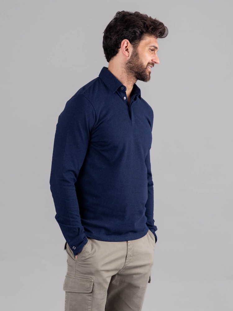 Lakeland Clothing Blue Clive Cotton Blend Long Sleeve Polo Shirt - Image 2 of 8