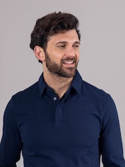 Lakeland Clothing Blue Clive Cotton Blend Long Sleeve Polo Shirt - Image 3 of 8