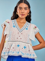 Monsoon White 100% Cotton Prue Pineapple Embroidered Top - Image 1 of 4
