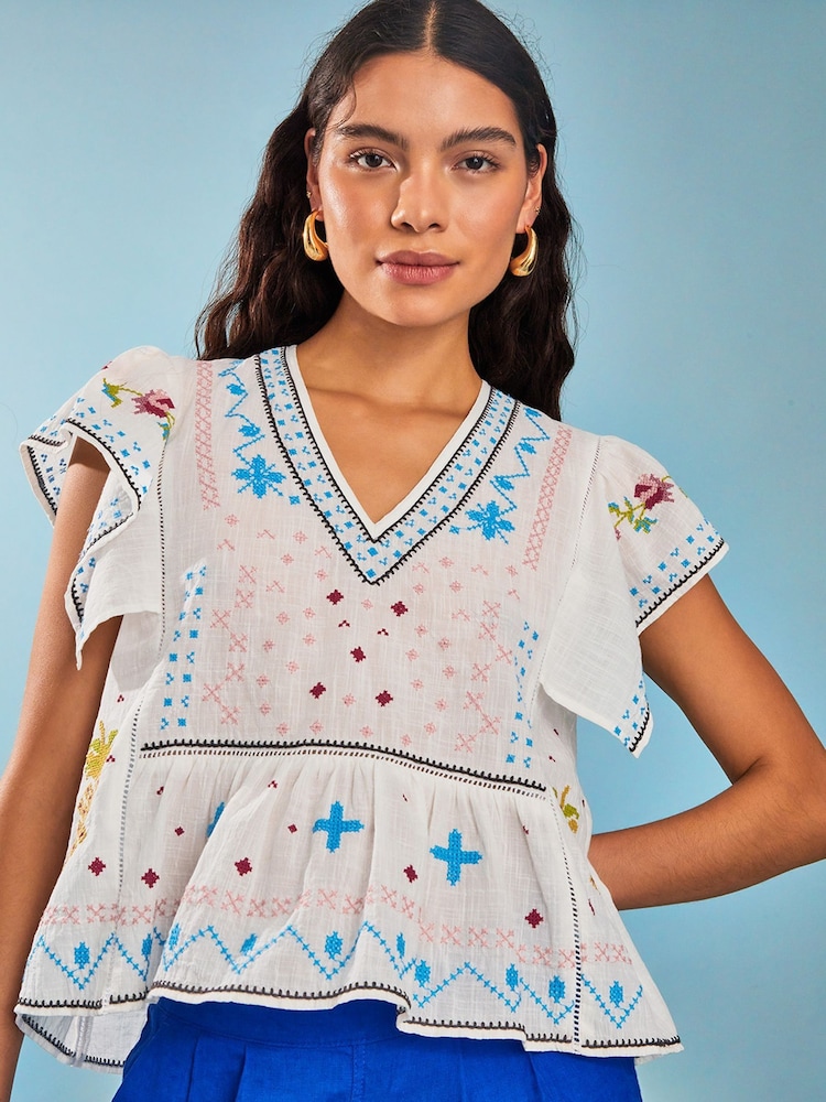 Monsoon White 100% Cotton Prue Pineapple Embroidered Top - Image 1 of 4