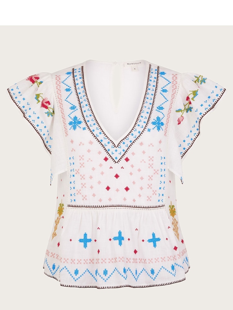 Monsoon White 100% Cotton Prue Pineapple Embroidered Top - Image 4 of 4