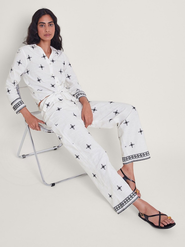 Monsoon Natural Eleanor Embroidered 100% Cotton Trousers - Image 1 of 5