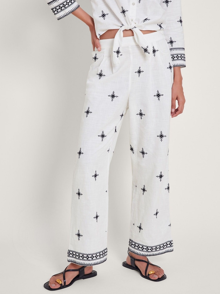 Monsoon Natural Eleanor Embroidered 100% Cotton Trousers - Image 2 of 5