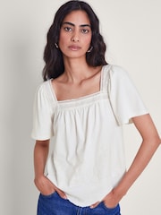 Monsoon Natural Elodie Embroidered 100% Cotton Blouse - Image 1 of 5