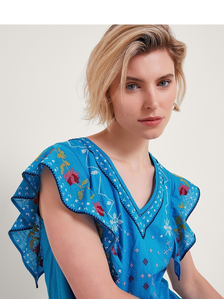 Monsoon Blue Prue Pineapple 100% Cotton Embroidered Dress - Image 2 of 5